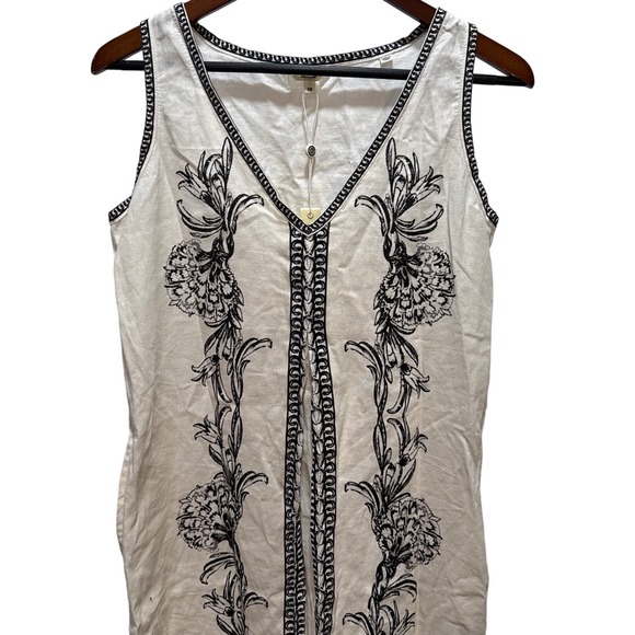 Max Studio London Linen Blend V Neck‎ Embroidered Midi Dress Ivory Black XS - Picture 8 of 8